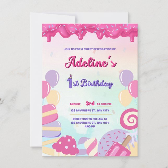 BIRHDAY ONE YEAR PINK AND CANDY SWEET INVITATION (Front)