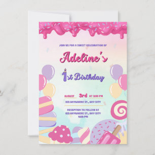 BIRHDAY ONE YEAR PINK AND CANDY SWEET INVITATION