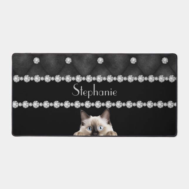 Birman Cat Diamonds On Black Desk Mat (Front)