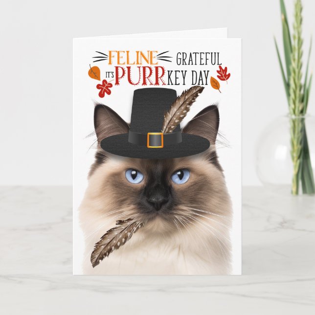Birman Cat Feline Grateful for PURRkey Day Holiday Card (Front)