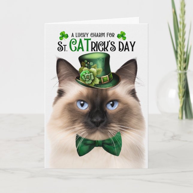 Birman Cat Funny St. CATrick's Day Lucky Charm Holiday Card (Front)