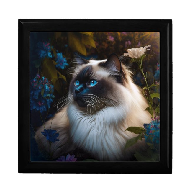 Birman Cat in City Garden at Sundown Wooden Box (Front)