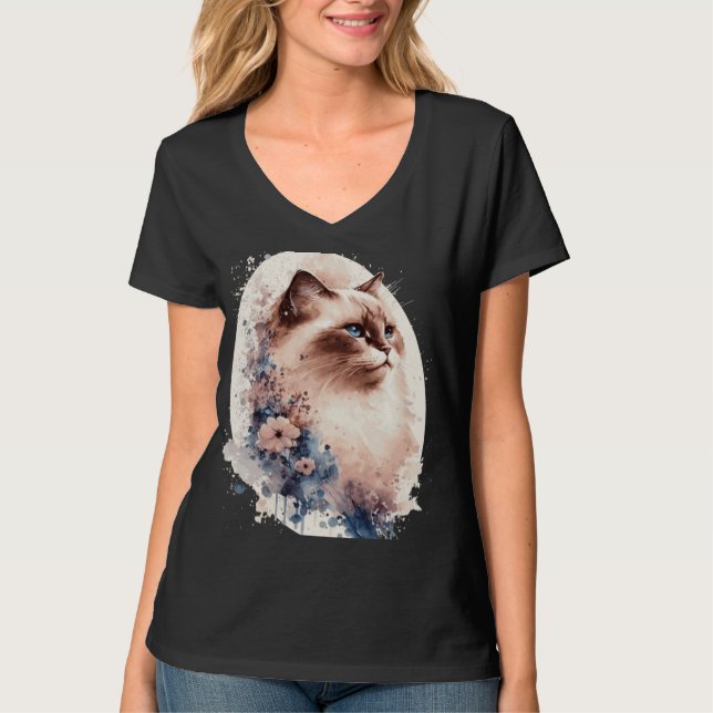Birman Cat Japanese Cherry Blossom Floral Cat Bree T-Shirt (Front)