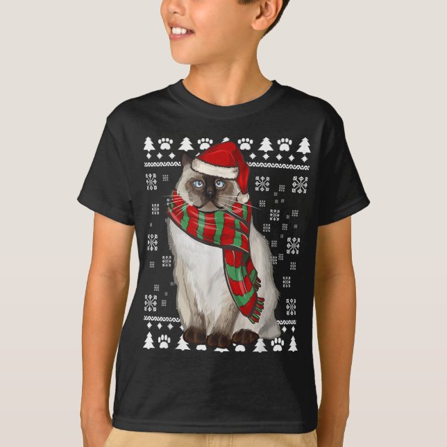 Birman Cat Santa Hat Xmas Ugly Christmas T-Shirt (Front)