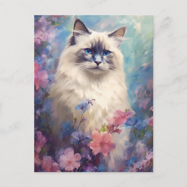 Birman Cat watercolor flowers Postcard (Front)