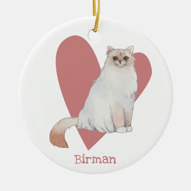 Birman Cat Watercolor Kitty Pink Heart Ceramic Ornament (Front)
