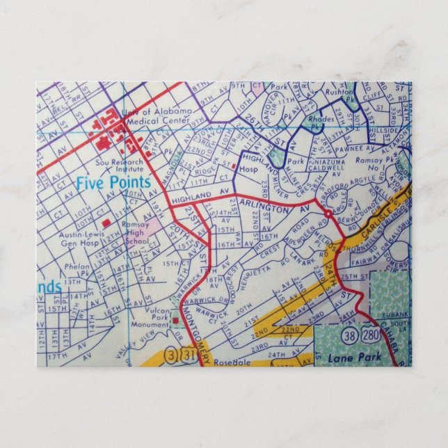BIRMINGHAM, AL Vintage Map Postcard (Front)