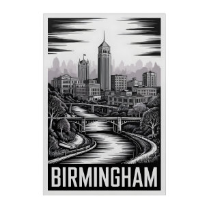 Birmingham Alabama Skyline Black White Woodcut Acrylic Print