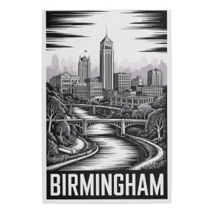 Birmingham Alabama Skyline Black White Woodcut Metal Print