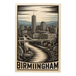 Birmingham Alabama Skyline Black White Woodcut Wood Wall Art