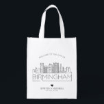 Birmingham, Alabama Wedding | Stylized Skyline Grocery Bag<br><div class="desc">A unique wedding bag for a wedding taking place in the beautiful city of Birmingham,  Alabama.  This bag features a stylized illustration of the city's unique skyline with its name underneath.  This is followed by your wedding day information in a matching open lined style.</div>