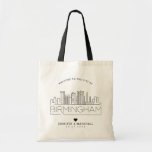 Birmingham, Alabama Wedding | Stylized Skyline Tote Bag<br><div class="desc">A unique wedding tote bag for a wedding taking place in the beautiful city of Birmingham,  Alabama.  This tote features a stylized illustration of the city's unique skyline with its name underneath.  This is followed by your wedding day information in a matching open lined style.</div>