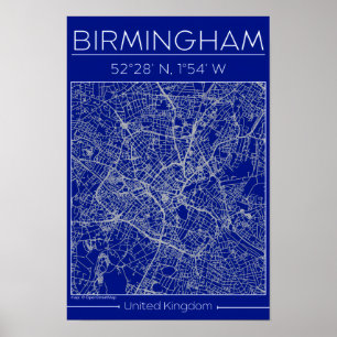 Birmingham Blueprint City Map Poste Minimal Wall Poster