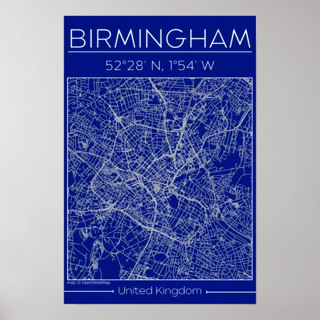 Birmingham Blueprint City Map Poste Minimal Wall Poster (Front)