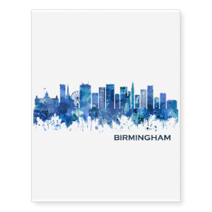 Birmingham England Skyline Blue Temporary Tattoos