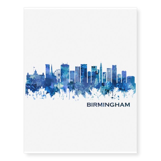 Birmingham England Skyline Blue Temporary Tattoos (Front)