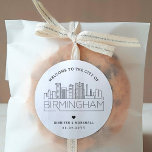 Birmingham Skyline | Wedding Welcome Favor Classic Round Sticker<br><div class="desc">Enhance your wedding welcome packages or event party favors with a custom set of welcome stickers! These elegant yet minimal-style stickers are tailored for a wedding taking place in the beautiful city of Birmingham. They feature a modern deco skyline with the name of the city integrated underneath. All elements of...</div>
