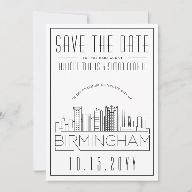Birmingham Wedding Stylized Skyline Save the Date Invitation (Front)
