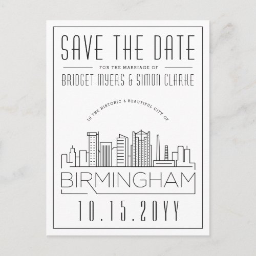 Birmingham Wedding Stylized Skyline Save the Date Postcard