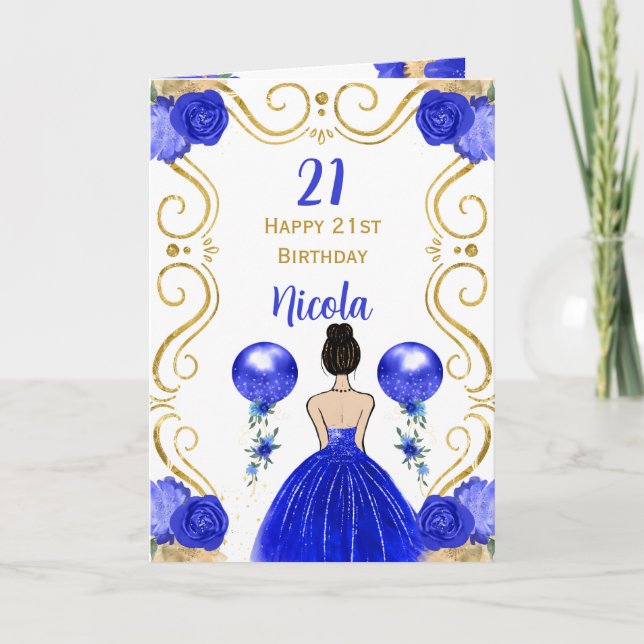 Birtday Brown Hair Princess Blue Happy Birthday Card (Front)