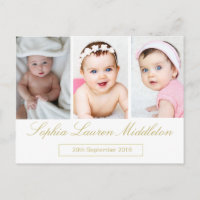 Birth Announcement Baby Photo Gold Colored Script Postcard