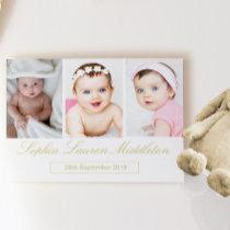 Birth Announcement Baby Photo Gold Colored Script Postcard