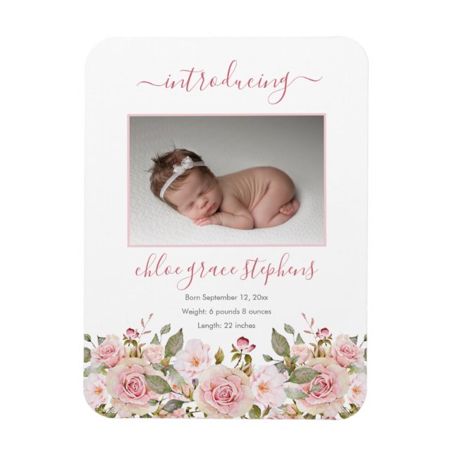 Birth Announcement - Boho Floral Girl Photo Magnet (Vertical)
