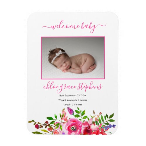 Birth Announcement _ Boho Pink Floral Baby Girl Magnet