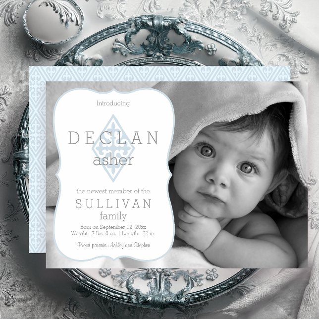Birth Announcement | Boy Photo Fleur de Lis Cross (Elegant Vintage Look Trinity Cross Blue and Light Gray Unique Boy Photo Birth Announcement )