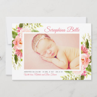Birth Announcement Card | Pink Watercolor Flowers