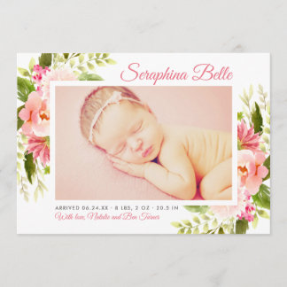 Birth Announcement Card | Pink Watercolor Flowers