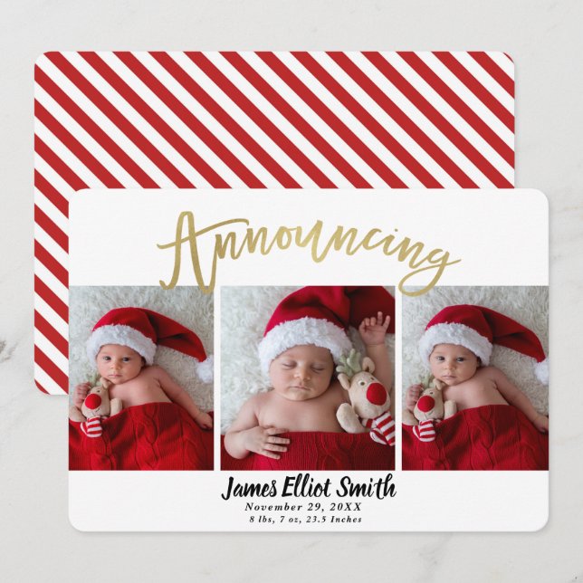 Birth Announcement Christmas Holiday 3 Photos (Front/Back)