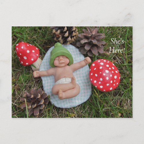 Birth Announcement Clay Baby Mushrooms Grass Announcement Postcard