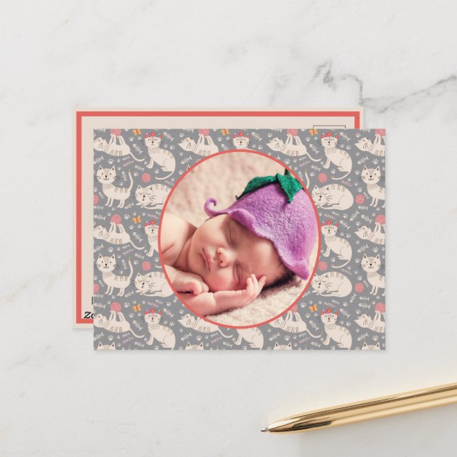  Birth Announcement Cute Cats Playing Balls Yarn Postcard (Front/Back In Situ)