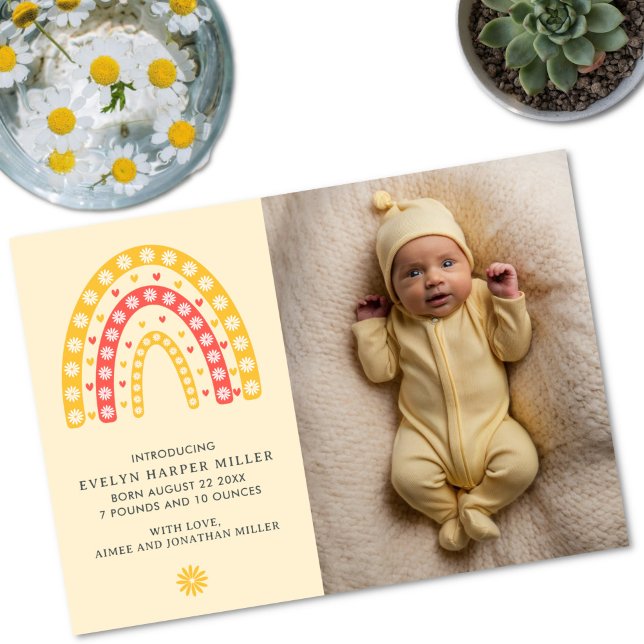 Birth Announcement Daisy Rainbow Yellow Card (Daisy rainbow birth announcement card)