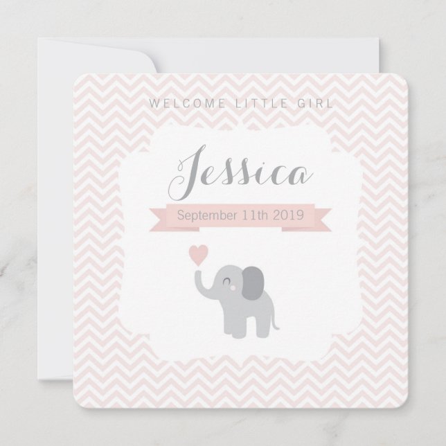 Birth Announcement Girl Elephant Chevron Cute (Front)