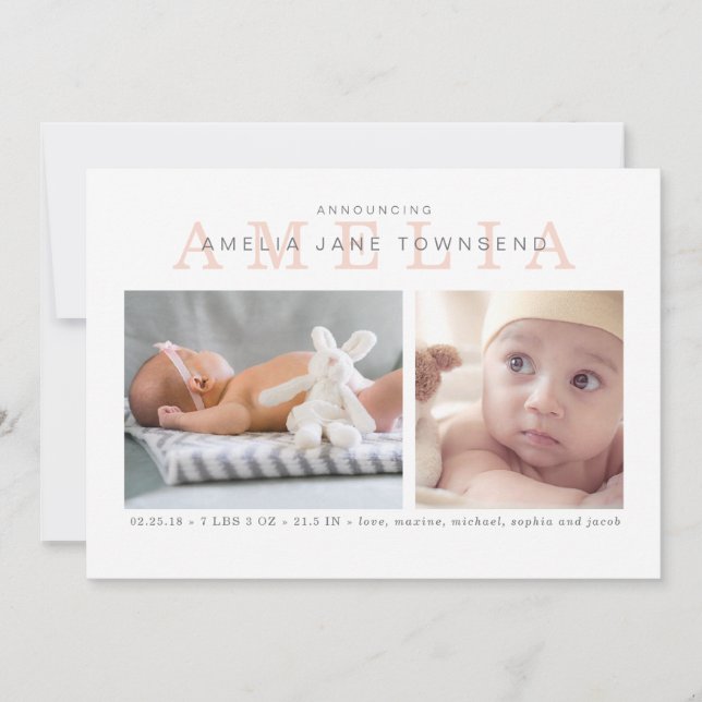 Birth Announcement Girl - Pink and Gray (Front)