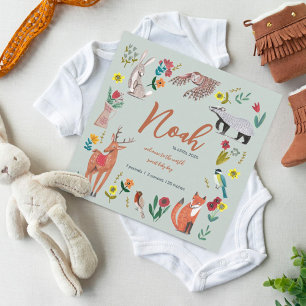 Birth announcement green cute woodland animals