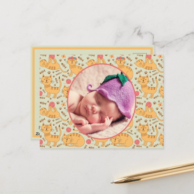  Birth Announcement Happy Cats Playing Sleeping Postcard (Front/Back In Situ)