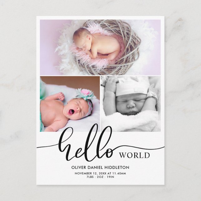 Birth Announcement Hello World Photo Collage Postcard (Front)