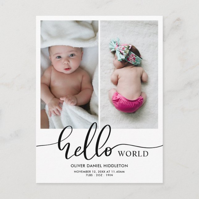 Birth Announcement Hello World Script Photo Postcard (Front)