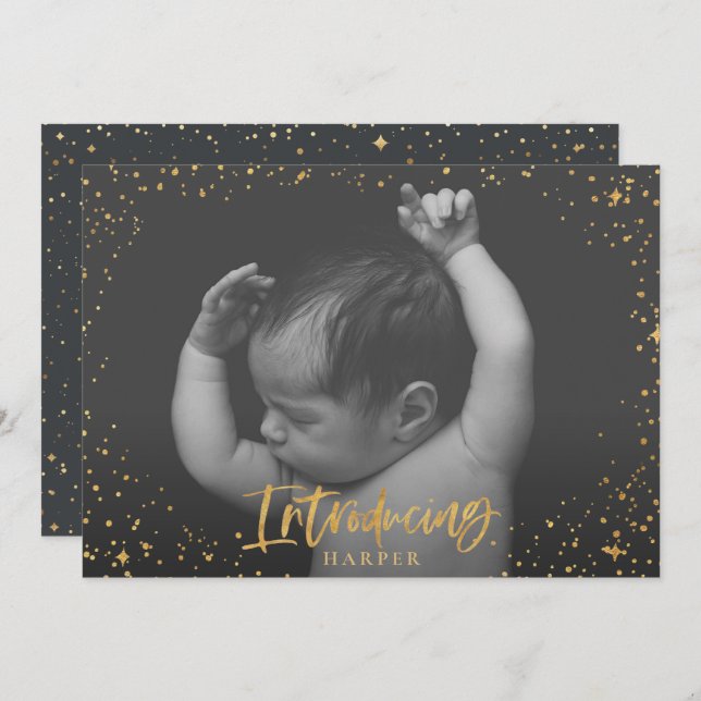 Birth announcement introducing gold script stars (Front/Back)