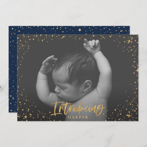 Birth announcement introducing gold script stars