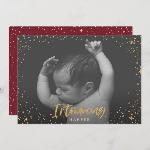 Birth announcement introducing gold script stars