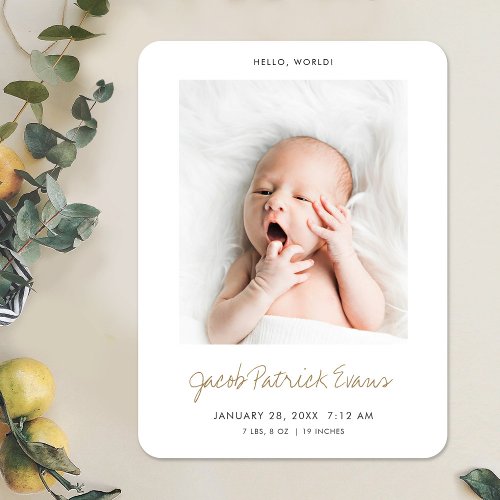 Birth Announcement Magnet with Modern Gold Script