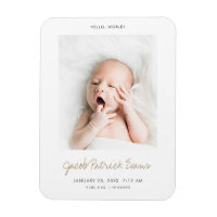 Birth Announcement Magnet with Modern Gold Script