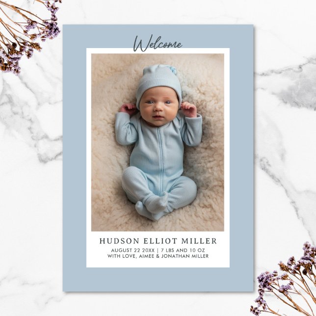 Birth Announcement Minimalist Modern Blue Card (Modern minimalist birth announcement card in dusty blue)