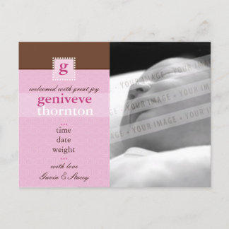 BIRTH ANNOUNCEMENT :: monogram1 - girl Postcard