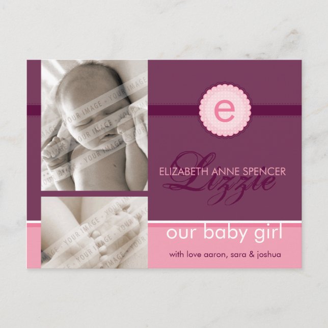 BIRTH ANNOUNCEMENT :: monogram2 - girl Postcard (Front)