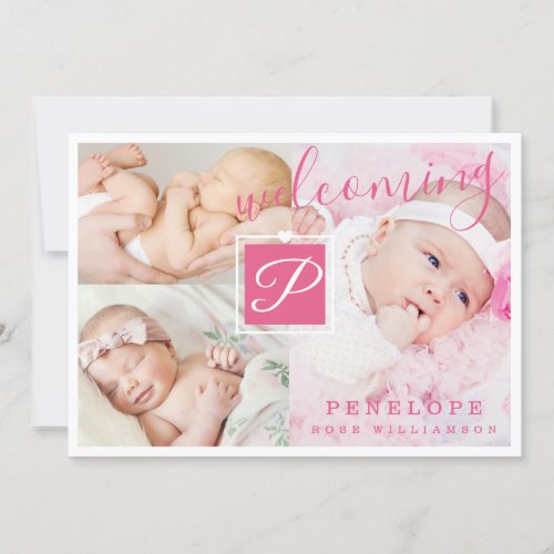 Birth Announcement _ Multiple Photos Pink  White